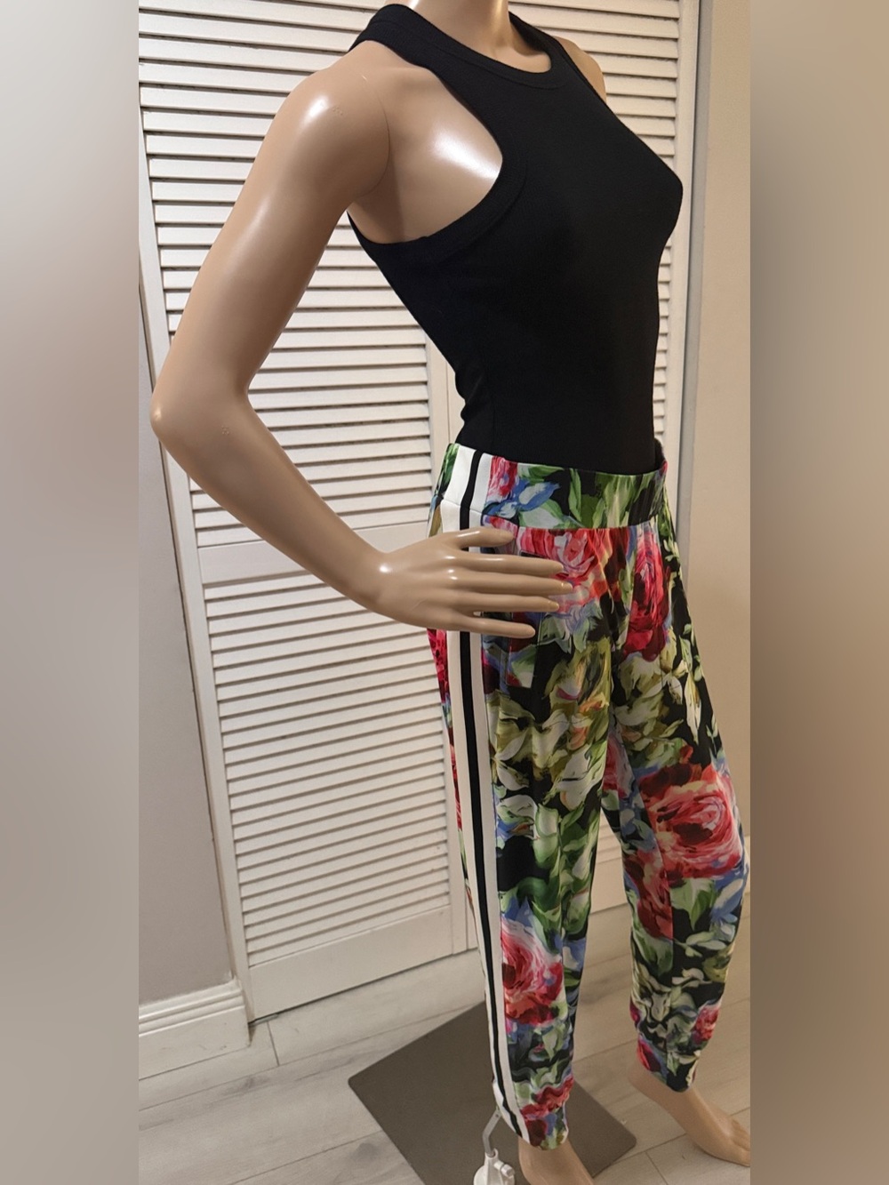 Norma Kamali Watercolor Floral Side Stripe Designer Jogger Pants Size M